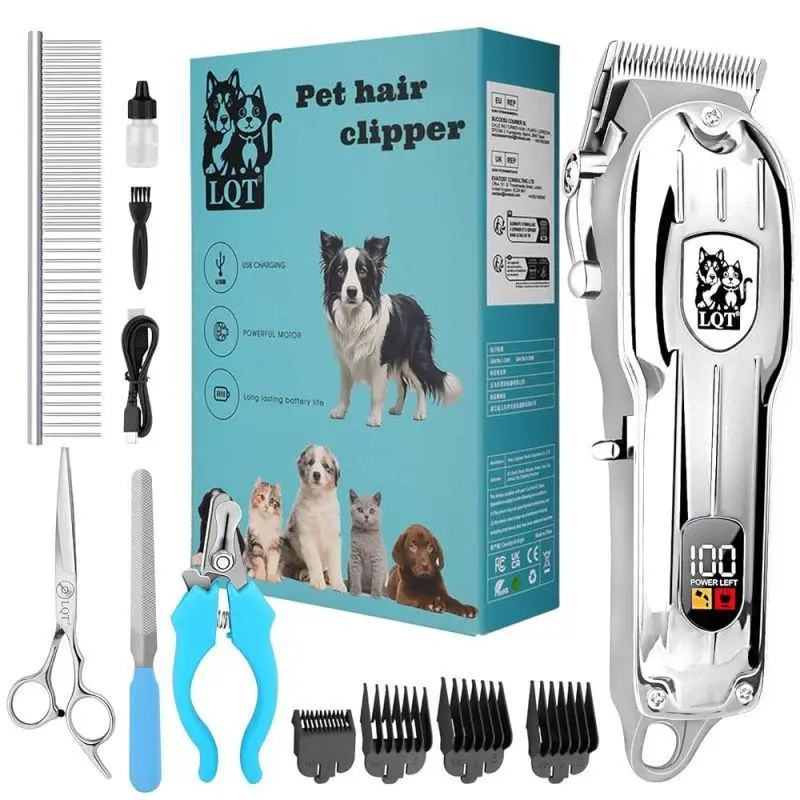 Full Metal Silver LQT Professional Pet Hair Clipper Kit, LCD Rechargeable Cordless Dog & Cat Grooming Trimmer with 4 Limit Combs, Scissors, Nail Clipper & Complete Pet Groom Accessories