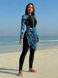 Conservative Full Body Swimsuit with Sheer Skirt Two-Piece Set, Geometric Pattern Design, Long Sleeve Zipper Slimming, Full Coverage Swimsuits, Modest Fashion Swimsuit, Party Vacation Beach Sport Outdoor