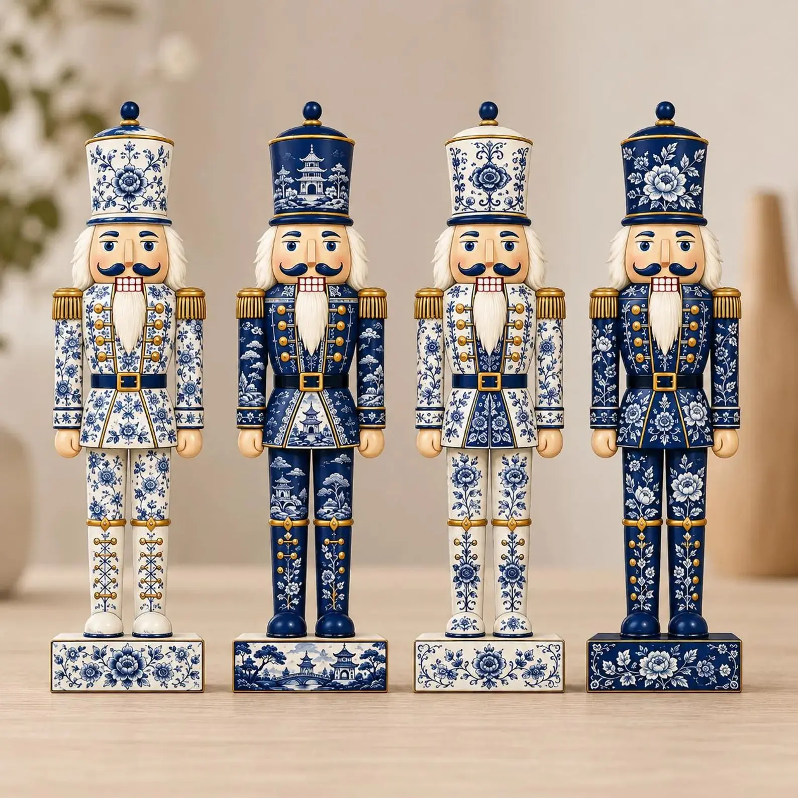 Chinoiserie Nutcracker Wooden Block, Blue White Toile Christmas Decor, Holiday Tabletop Accent, Nutcracker Gift