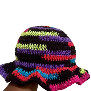 Handmade Classic Retro Wavy Neon Crochet Bucket Hat - Unisex