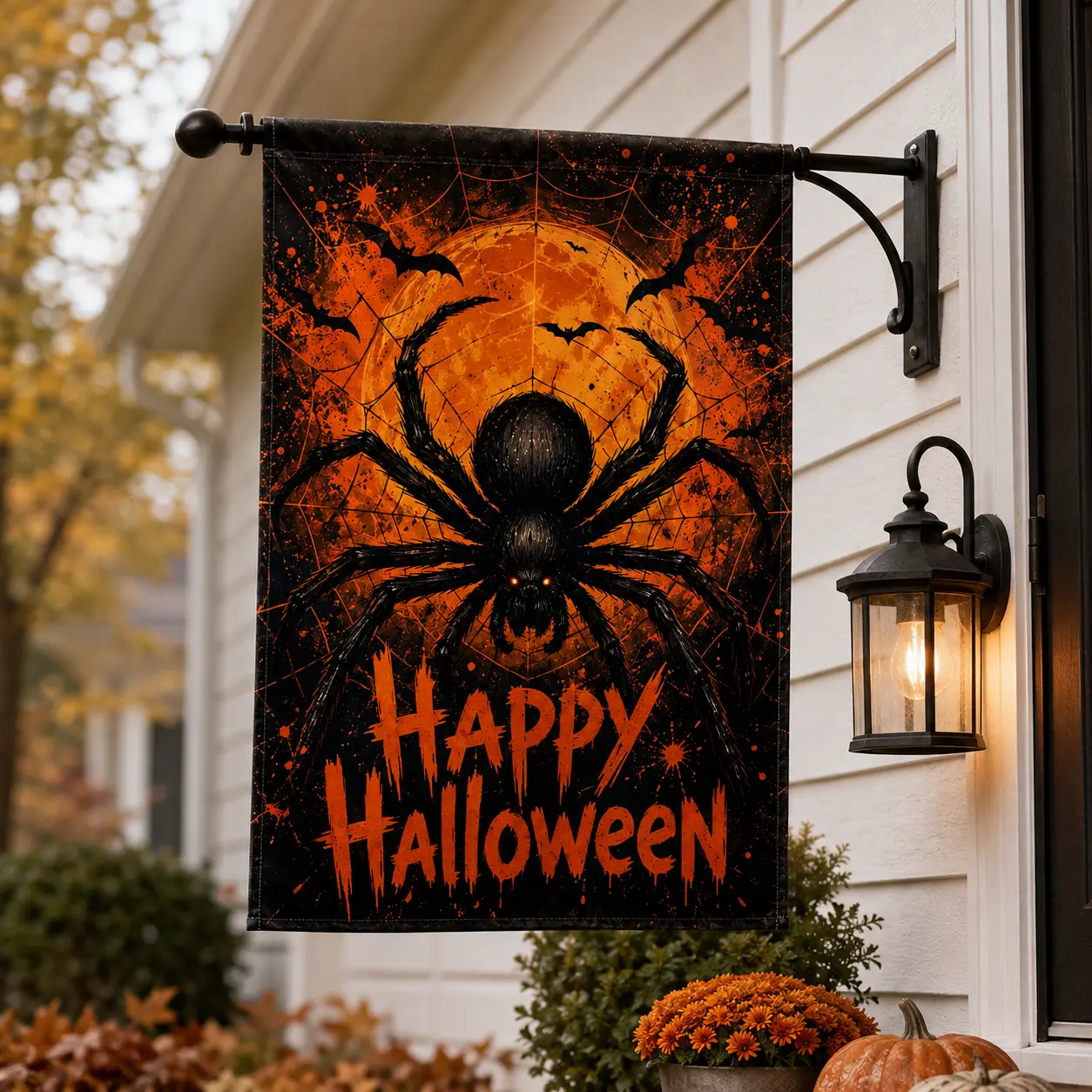 Happy Halloween Spider House Flag, Giant Spider Moon Bat Outdoor Flag, Spooky Orange Black Halloween Porch Decor