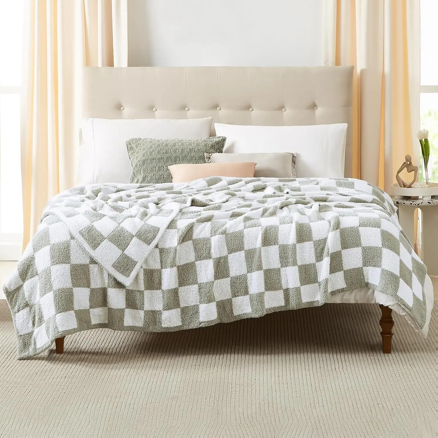 WRENSONGE Sage Green Checkered Throw Blanket Soft Cozy Fluffy Warm Handmade Queen Size 90x90 Microfiber Feather Yarn for Couch Sofa Bed Camping Picnic Travel Lightweight Bed Blanket