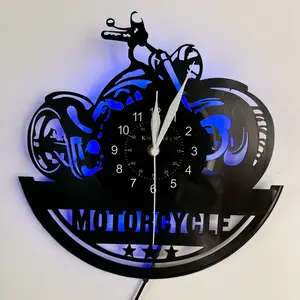 Motorcycle-Shaped Vinyl Record Wall Clock with 7-Color LED Lights, Decorative Art Clock for Home, Great Gift for Dads & Friends, Led Wall Clocks