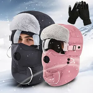 Winter Outdoor Gloves Set, Cycling Cap with Ear Flaps, Mask and Goggles, Thick Windproof Fleece Lei Feng Hat Unisex, New Ski Style, Sports Hat