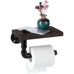 Toilet Paper Holder with Shelf, Industrial Wall Mounted Tissue Roll Hanger with Rustic Wooden Shelf for Bathroom, Washroom (Black)