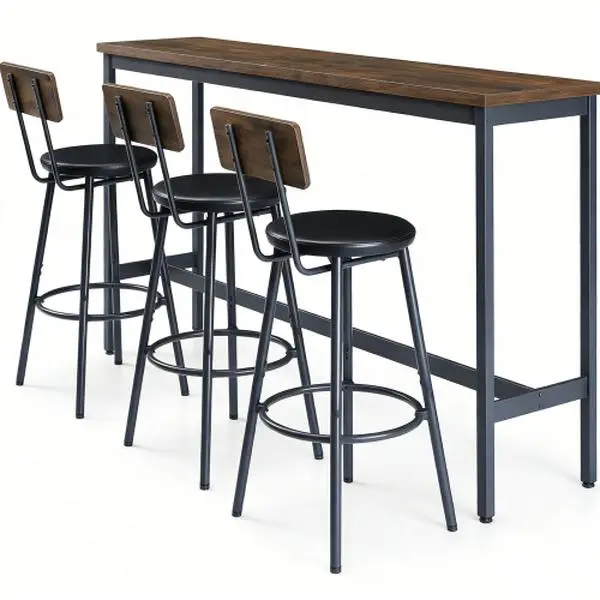 Bellemave 4-Piece Rustic Multi-Part Bar Set - Industrial MDF+Metal 3-Seat Table with 3 PU Upholstered Stools, Compact Easy-Install Brown Indoor Set Bar Furniture for Small Space Corners, Multi-Part Bar Sets, Set Bar Sets