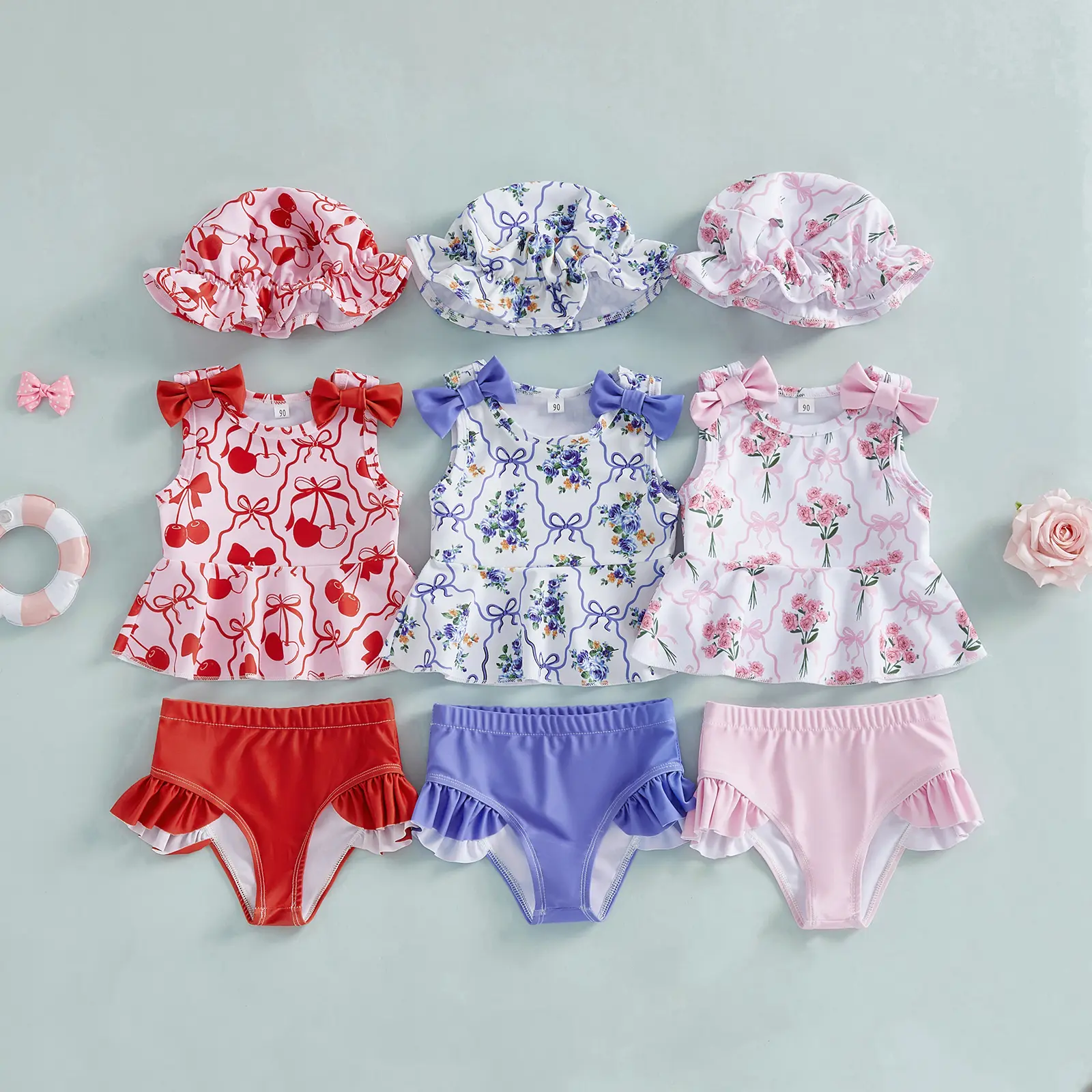 Baby Swimsuits for Toddler Girls (6 Months+), Lullaby 3Pcs Fashion Swim Set Pack, Polyester Blend Sleeveless Crew Neck Floral Print Bow Decor Top, Bikini Bottoms & Hat Swimwear