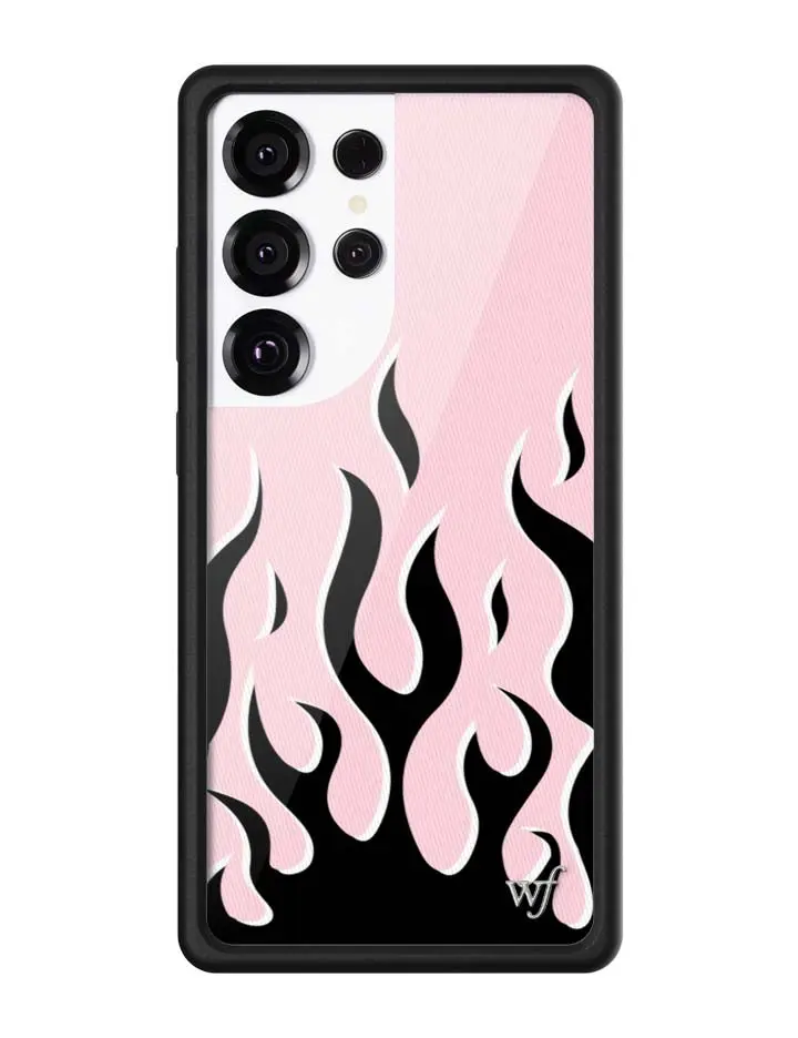 Pink Flames | Limited Edition Trendy Samsung Galaxy Case | Raised Protective Black Bumper | Women Owned Small Business | Aesthetic Pretty Pink Background Black and white Flames | Safety Casing Protective | Gift for Her