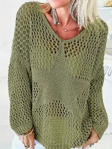Women's Plain Hollow Out Sheer Drop Shoulder Crochet  Sweater, Casual Long Sleeve Crew Neck Jumper for Summer, Fashion Women's Knitwear for Daily Wear