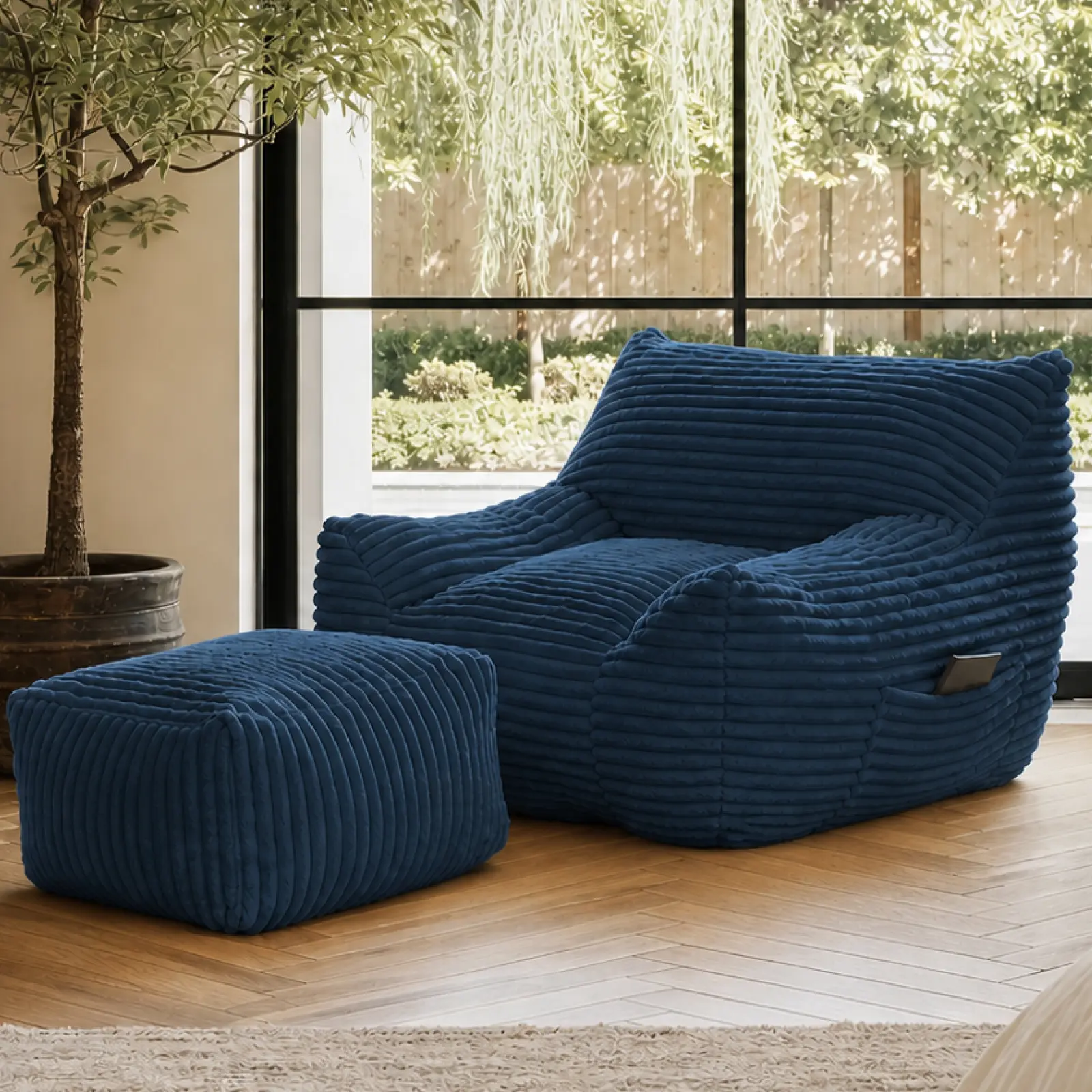 Eyisean 41.7" Corduroy Oversized Casual Single Seat Bean Bag Chair - Modern Ergonomic Shape, High-Density Filling, Ottoman, Side Pocket, Armrests, Back Handle, Pre-Assembled, Balanced Support, for Teens/Adults, Dorm Bedroom/Living Room, Fixed Arms