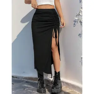 EZwear Women's Black Knitted Drawstring High-Slit Bodycon Skirt