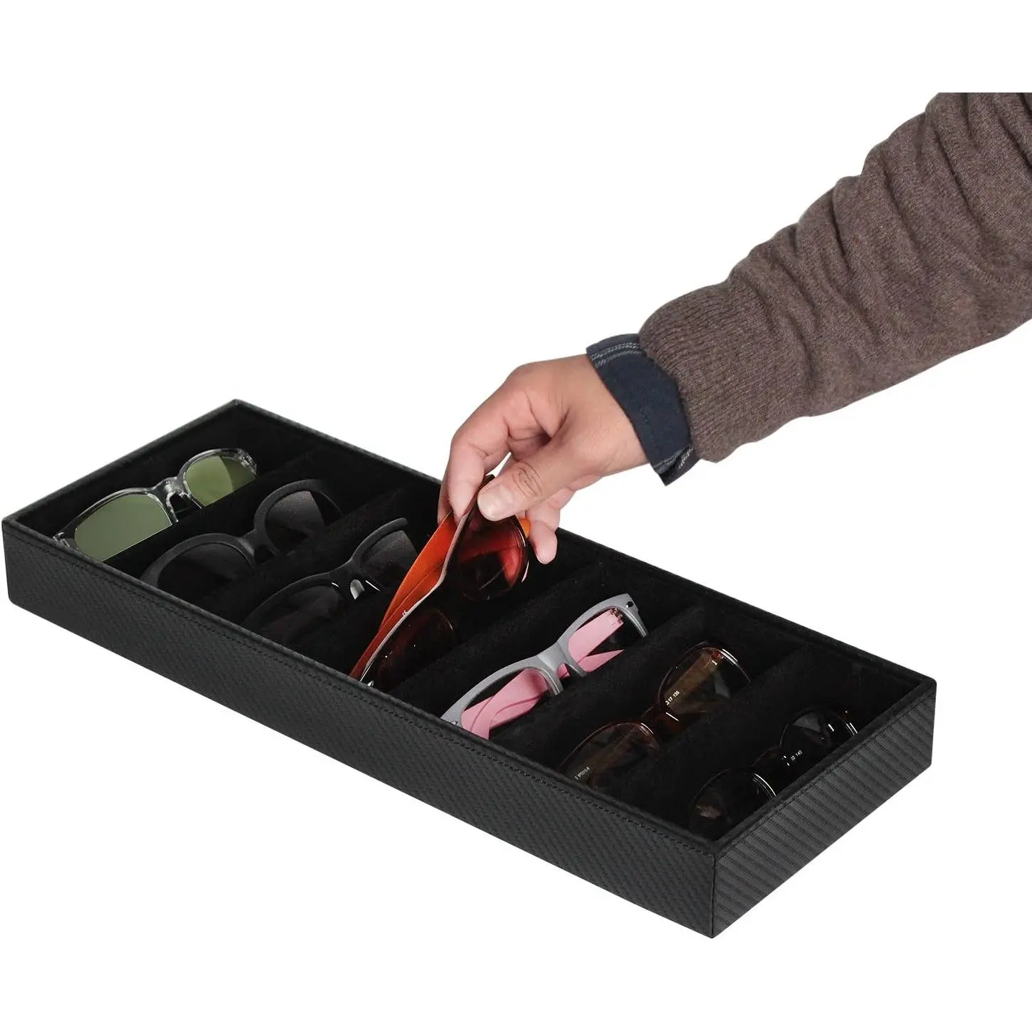 7 Slot Sunglasses Organizer, Leather Eyeglass Storage Tray Box for Table, Desk, or Drawer - MK378