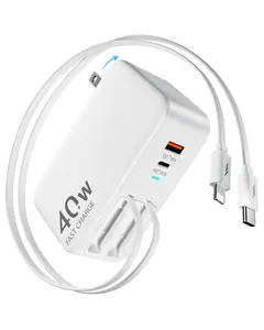 4-in-1 Retractable GaN Wall Charger Plug for iPhone 17 USB C, Travel Essentials Multiport Brick, 3ft Lightning + Type C Cables, 40W Fast Charging Foldable Block for iPhone 17 Pro / 16 / 15 / 14 / 13, iPad, Galaxy