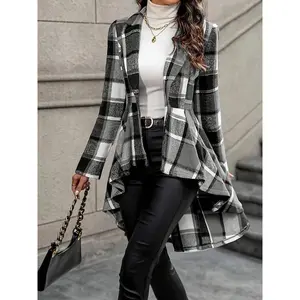 Women's checkered printed button high-low collar jacket, autumn and winter casual long sleeved lapel off shoulder jacket, women's daily clothingRAIMENTRY