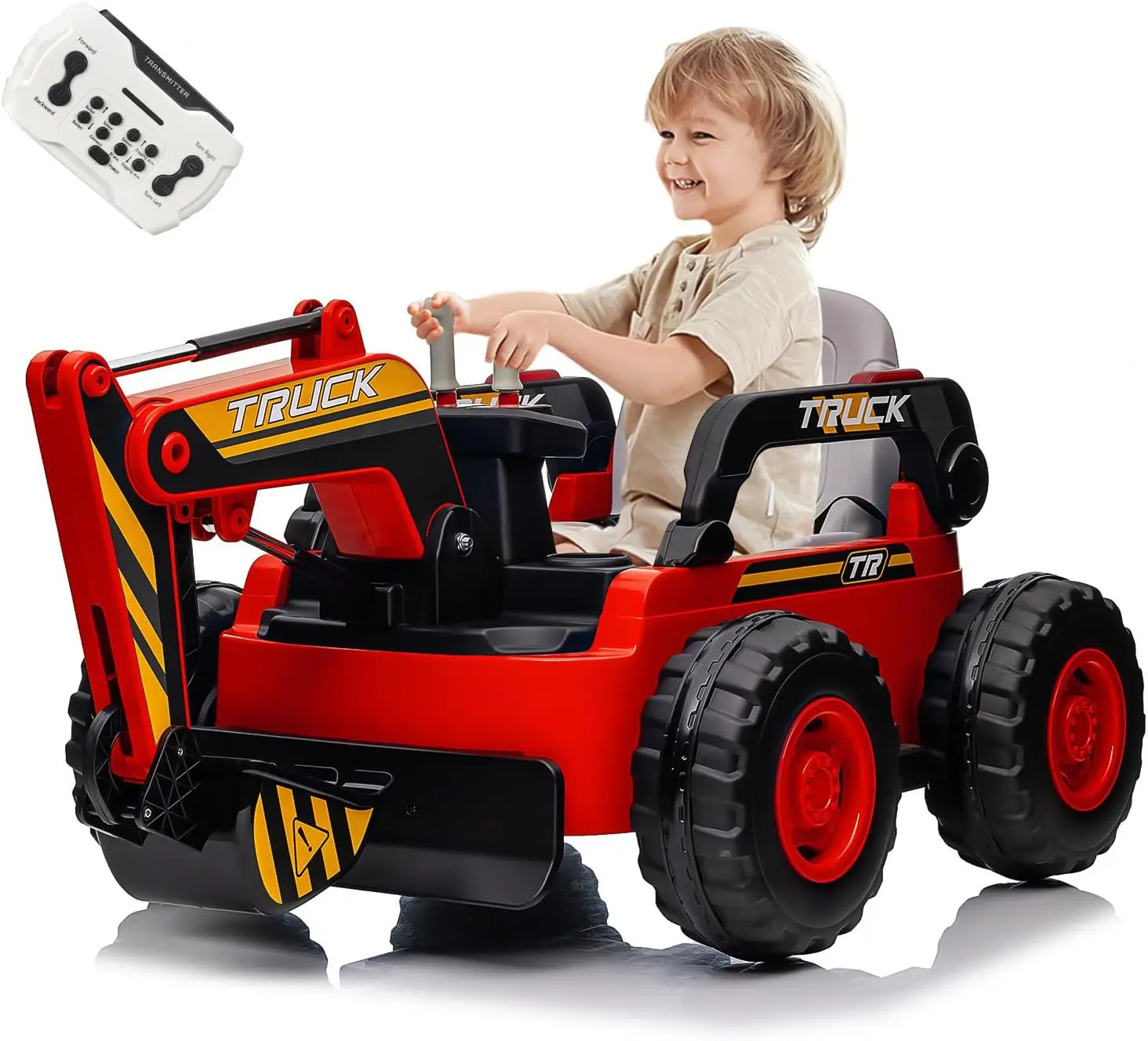 GAOMON 12V 4WD Red Electric Ride On Excavator Toy for Kids, Remote Control Construction Digger with Bluetooth Music Player, USB Player & Safety Features for Toddlers