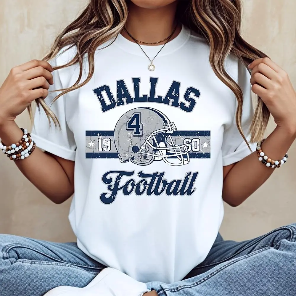 Dallas Football Helmet Number 4 Vintage Print T-Shirt, Retro Sports Fan Apparel, Casual Daily Wear Game Day Outfit