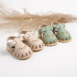 Cute Baby Girl Sandals, PU Leather Non-slip Embroidery Flower Summer Flats Toddler Shoes for Casual Daily