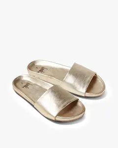 beek GALLITO Platinum - Women's Leather Slide Sandals with Memory Foam Footbed & Rubber Outsole for Summer Beach Wear