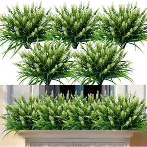 Artificial Flowers for Outdoor Plants 24 Bundles Fake Lavender Plastic Faux Monkey Grass for Verandah Window Garden Office Patio Front Porch UV Resistant for Planter(White)