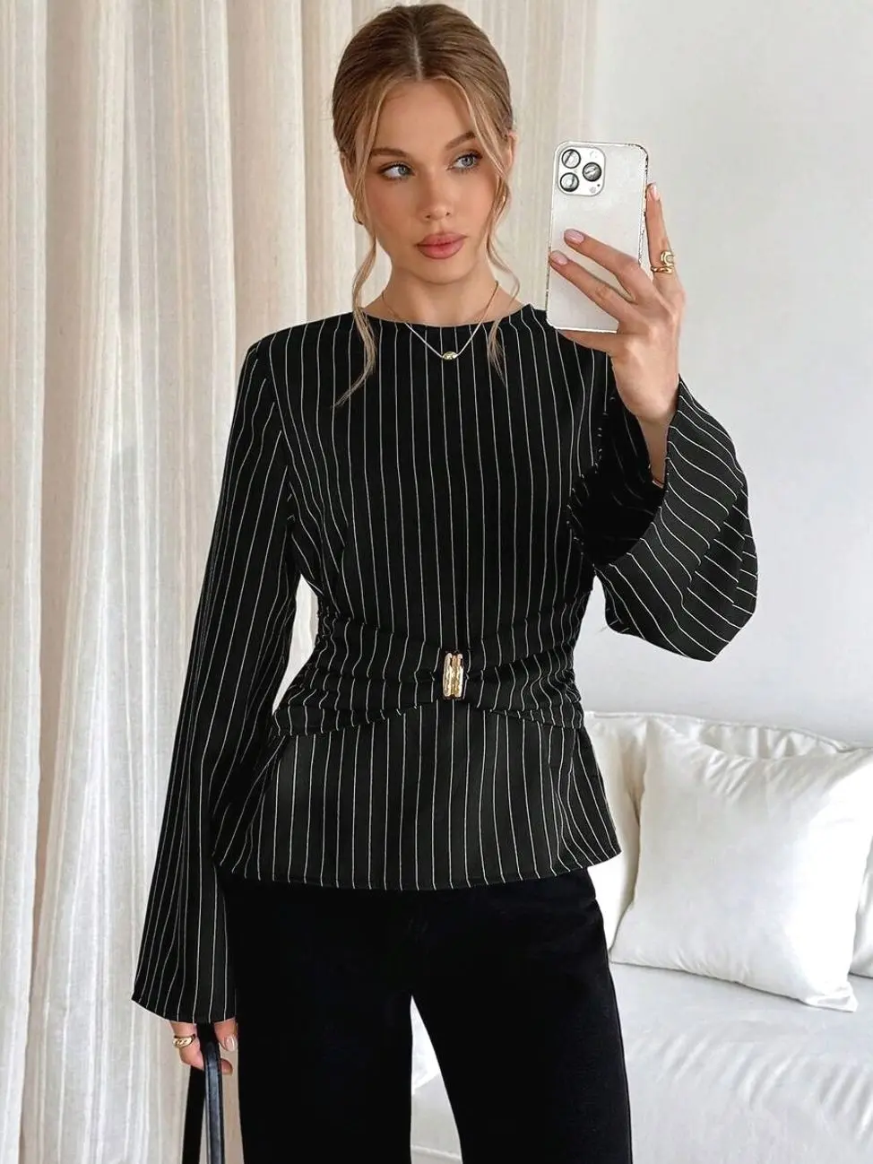 Striped Bell Sleeve Blouse for Women, Elegant Casual Business Casual Work Top, Autumn Office Commute Shirt, Teacher Outfit, Professional Long Sleeve Blouse for Daily Wear