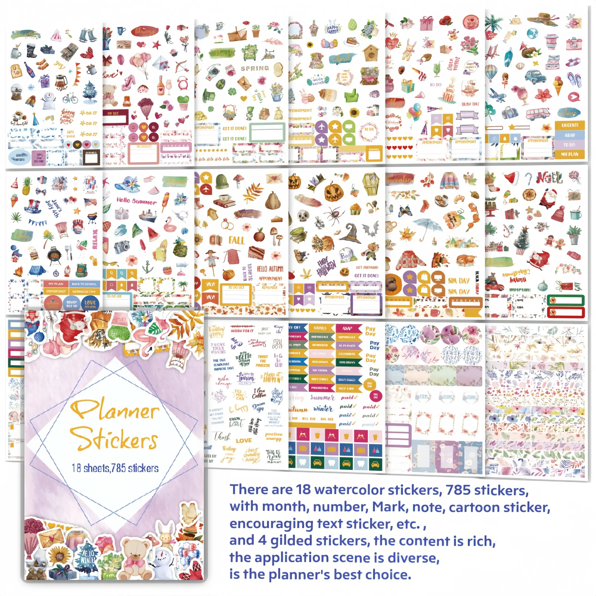 Vintage Style Seasonal Monthly Weekend Aesthetic Set Sticker Cards, Sticker Packs, Stickers for Scrapbooking, Scrapbook Materials, Includes 18 Sheets (785 Pieces) & 1 Card, Perfect for Daily Learning Office Use