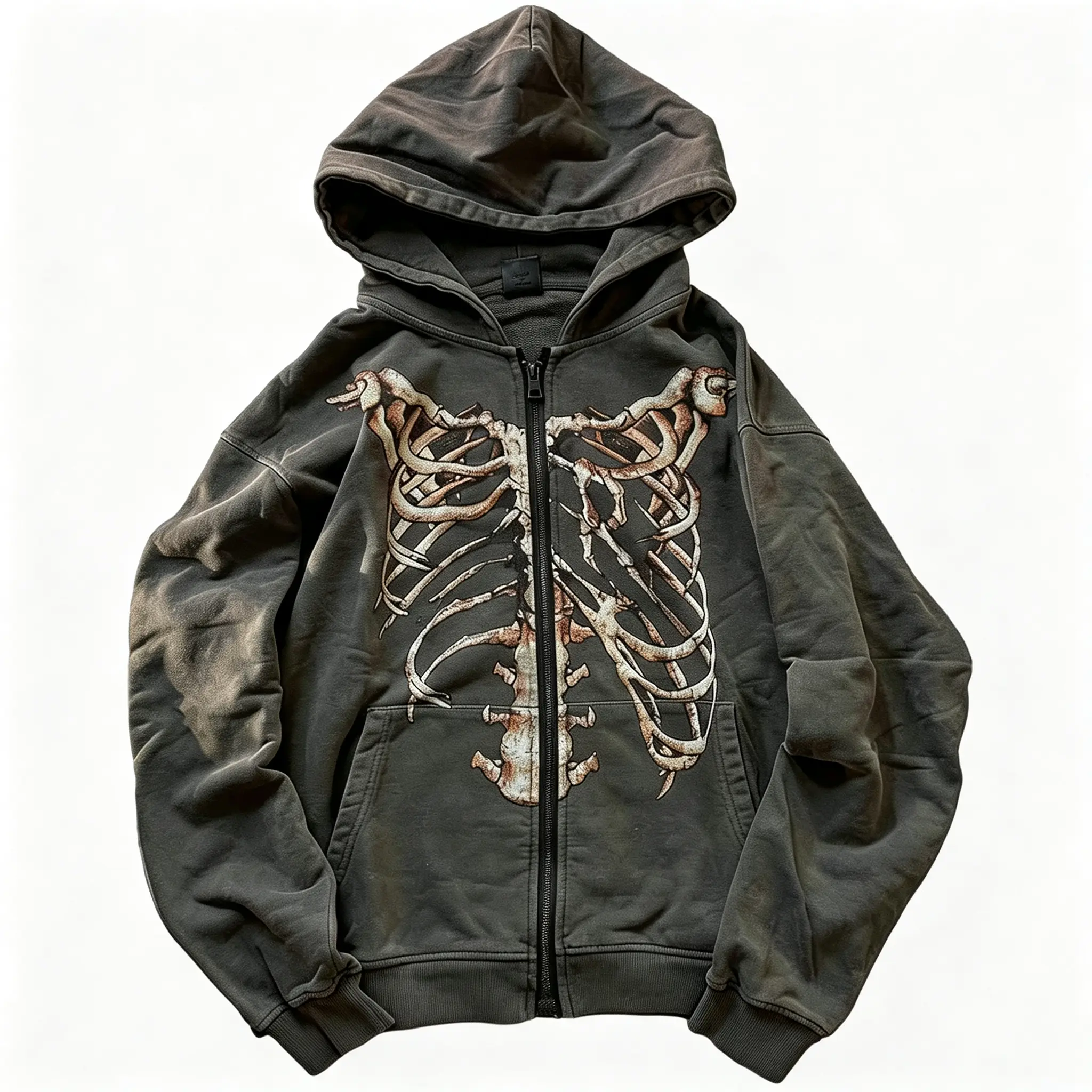 Gothic Hooded Sweater Retro Bone Print Hooded sweatshirt Y2K zip-up jacket Grunge Hooded Sweater Harajuku upper garment