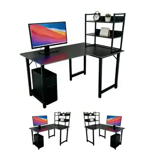 L-Shaped Gaming Desk with Storage Shelves, 47 Inch Corner Computer Desk with Monitor Stand, Carbon Fiber Surface Gaming Workstation for Home Office, Reversible Gaming Table with Cable Management