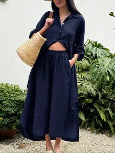 Women's Casual Two-Piece Set, Woven Linen Shirt & High-Waisted Wide-Leg Pants, Spring Daily Wear, Fitted, Comfortable & Stylish