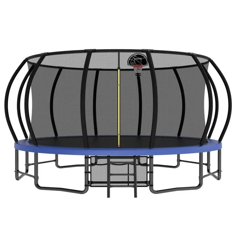 Mersco 15ft Heavy-Duty Recreational Trampoline, Large Blue Outdoor Exercise Equipment for Family Fitness with a Safety Net, Curved Poles, and 96 Springs, Outdoor Trampoline, High-Strength Jumping Mat, Family Use, Large Size, Bouncy Outdoor Trampolines
