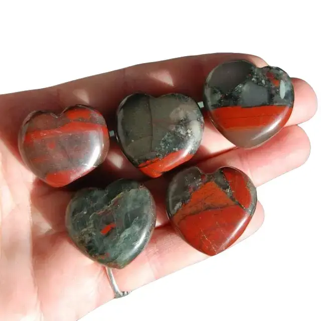 ONE 1" African Bloodstone Crystal Heart Shaped Palm Stone, Courage, Strength & Vitality Crystal