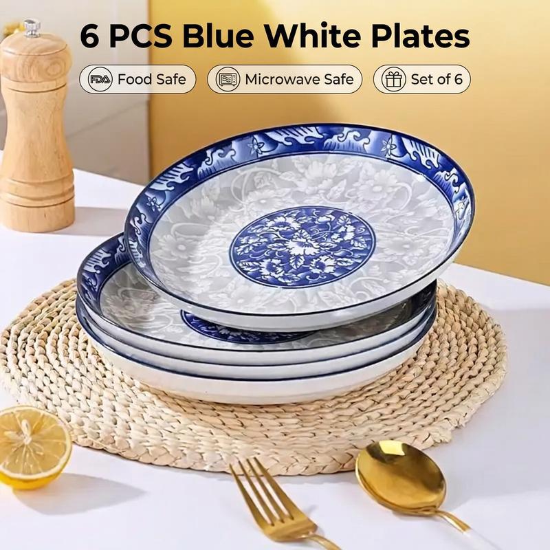 6pcs Blue and White Floral Underglaze Painting Porcelain Dinner Plates - BPA-Free Modern Tableware Set, Microwave & Dishwasher Safe, Adult Dinnerware Service Set for Pasta, Holiday Gatherings