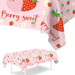 1pc Strawberry Baby Shower Party Tablecloth,Berry Sweet Theme Birthday Party Table Decor,Disposable PE Table Cover,Baby Shower Party Supplies, Birthday Party Decor,Baby Party Room Table Decoration,Home Decor,Strawberry Party Decor