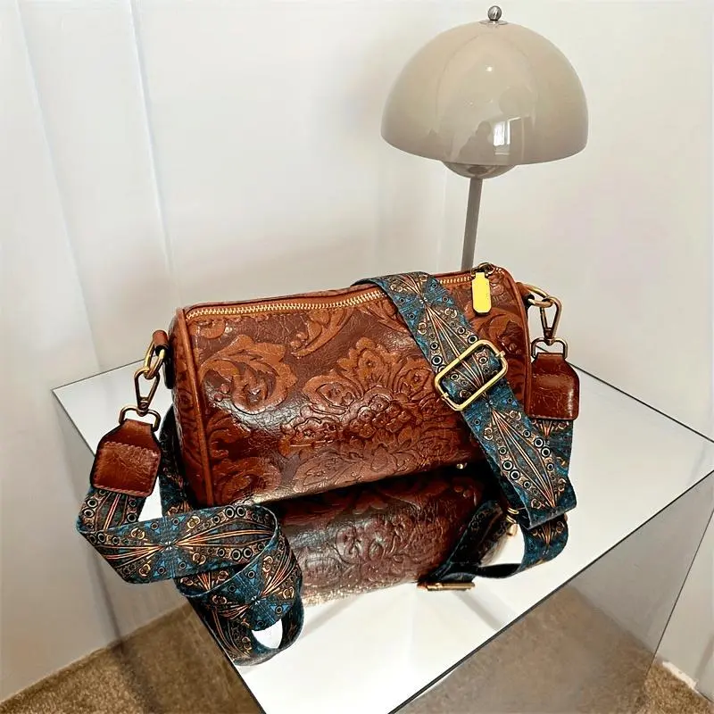 Ethnic Flower Embossed Crossbody Bag, Vintage Cylinder Bag For Women, Fashion Shoulder Purse With Wide Strap