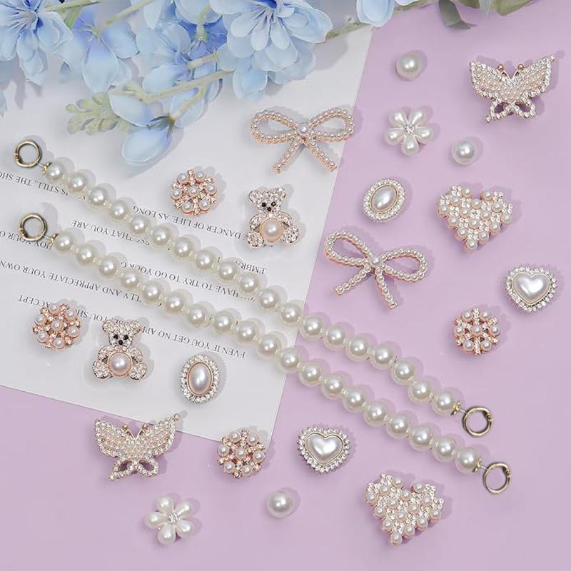 24 Pcs Shoe Charms Chain Accessories for Women Pearl Flower Clog Shoe Decoration Charms Rhinestone Shoes Charms Bling Cute Decor for Party Birthday Footwear Shiny