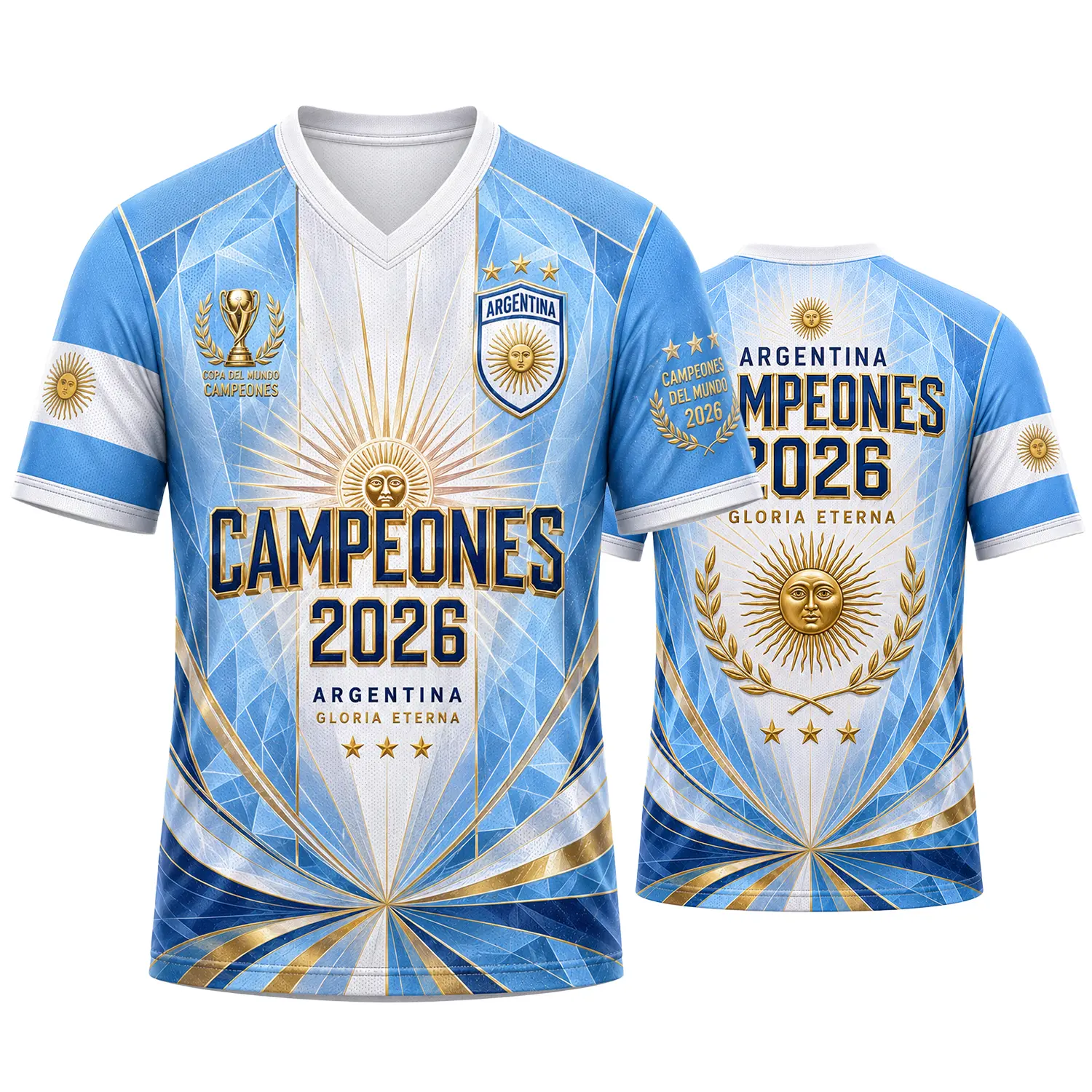Argentina Inspired Campeones 2026 V-Neck Athletic Shirt, Men Women Sky Blue White Gold Graphic Soccer Fan Jersey, Sun Laurel Trophy Sports Top, Game Day, Size S-5XL