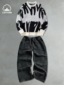 Men's Sweater Sport Set, Round Neck Sweater + Traceable Cotton Long Pants, Casual Comfort 2 Piece Set, Perfect Gift Choice, Streetwear Tracksuit Set