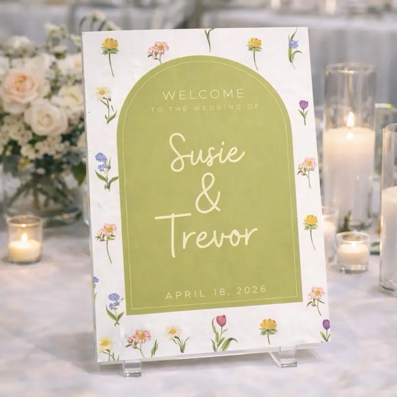 Personalized Wedding Welcome Sign Sage Green Floral Canvas Arched Shape High-Quality Canvas Customized Names Date Perfect for Ceremony Entrance Reception Photo Backdrop