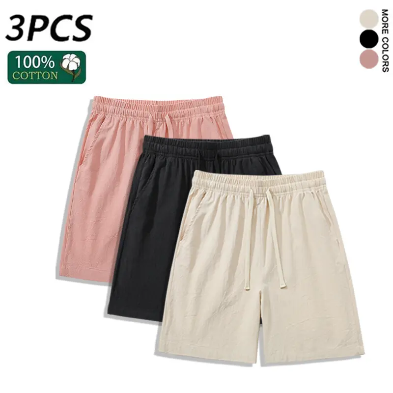 3PCS 100% Cotton Linen Shorts for Men, Breathable Summer Casual Drawstring Shorts with Pockets
