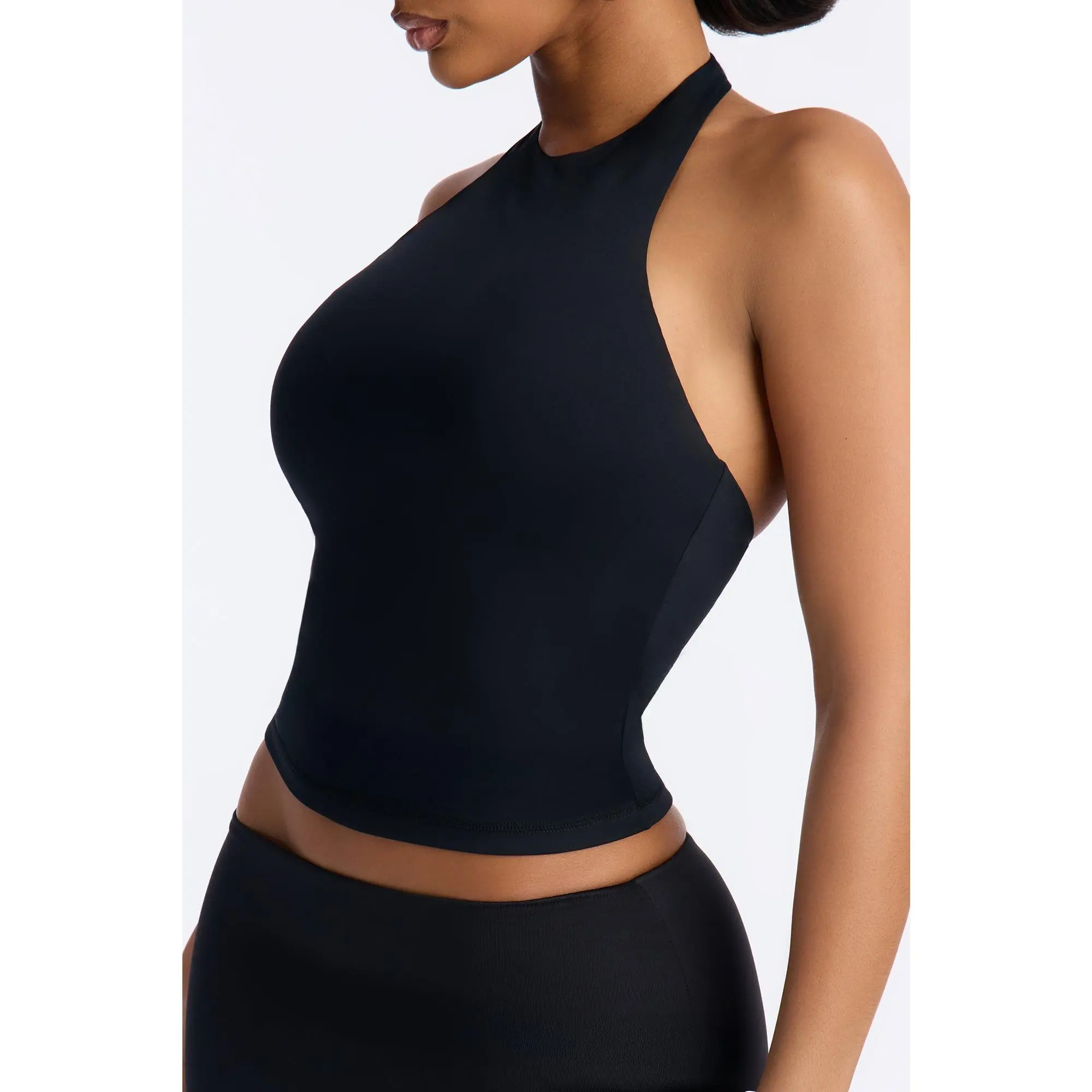 Second Skin Bra Pad Sleeveless Halter Top - Black