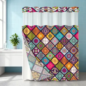 1PC double-layer large ring shower curtain, colorful mandala pattern, shower curtain, high-end quick drying hanging curtain, bathroom, curtain, waterproof, mildew proof curtain