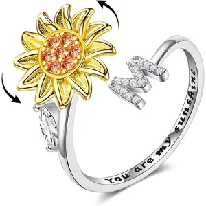 DAISY DOSE NBB34 Fidget Rings for Anxiety for Women Sunflower Initial Letter Spinner Open Adjustable Ring CZ Daisy Stress Relieving Rings Jewelry Gift for Women Valentine's Day You are My Sunshine Ring