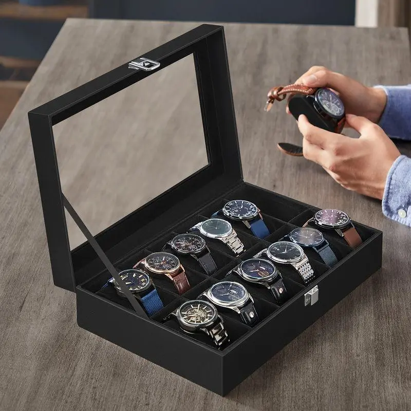 【NO WATCH】SONGMICS HOME Watch Box, Case with Large Glass Lid, Removable Watch Pillows, Watch and Jewelry Box Organizer, fathersdaygift 【NO WATCH】SONGMICS HOME Watch Box, Case with Large Glass Lid, Removable Watch Pillows, Watch and Jewelry Box Organizer, fathersdaygift