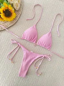 Women's Sexy Striped Swimsuit with Metal Shell Accessories, Fitted Leopard Pattern Bikini, All Seasons Beachwear, Swimsuit Set