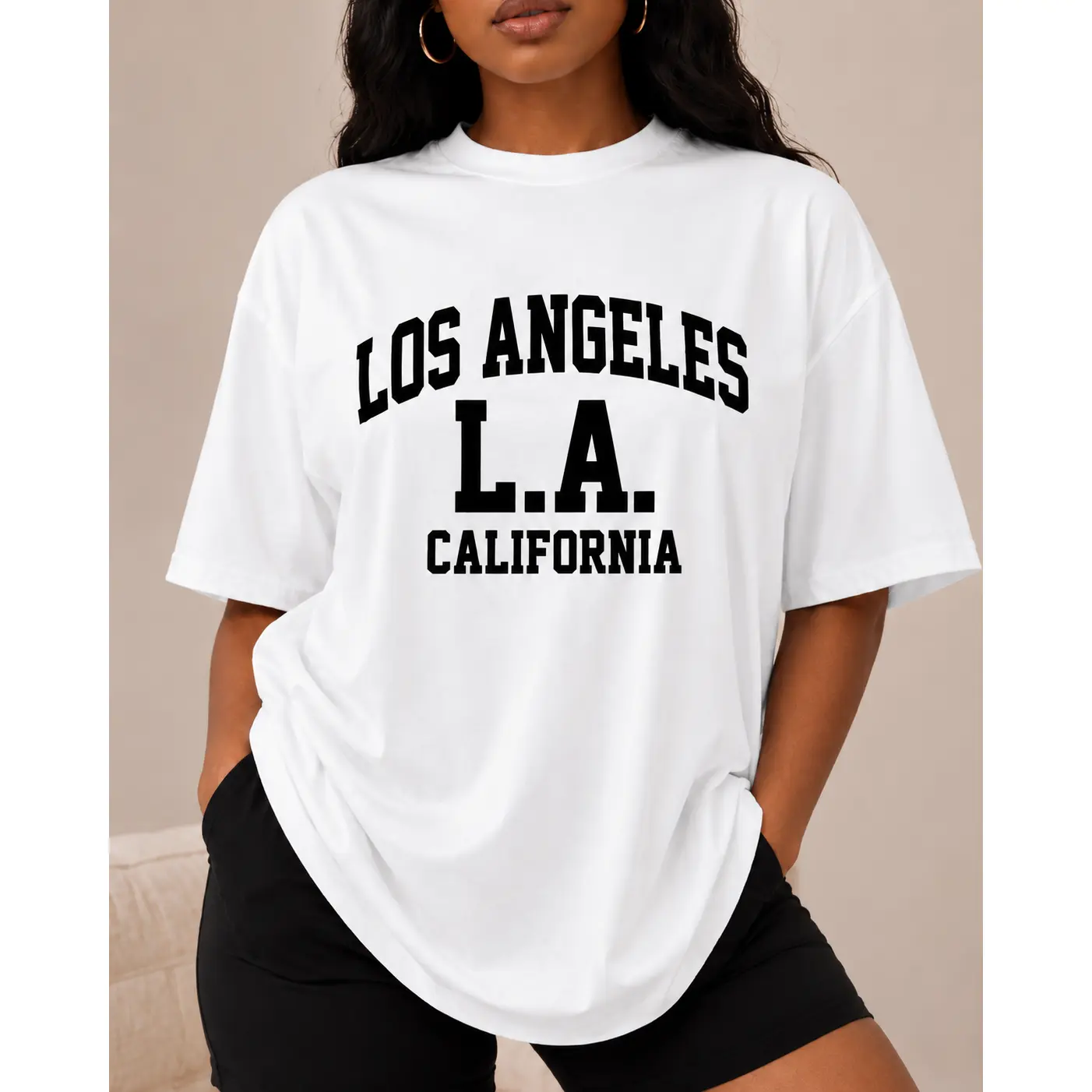 Women’s Plus Size Cotton Loose Fabric Apparel, Round Neck Printed Oversized T-Shirt - Los Angeles Graphic, Casual Streetwear, Everyday Check Top