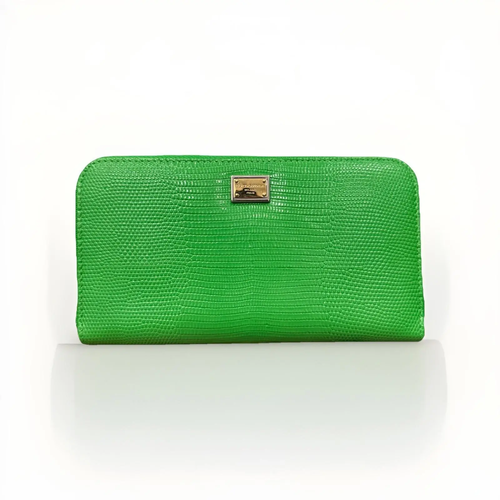Pre-owned DOLCE & GABBANA As Seen On Screen As Seen On Screen SE4157 Green & Leopard Croc Embossed Full Zippy Wallet