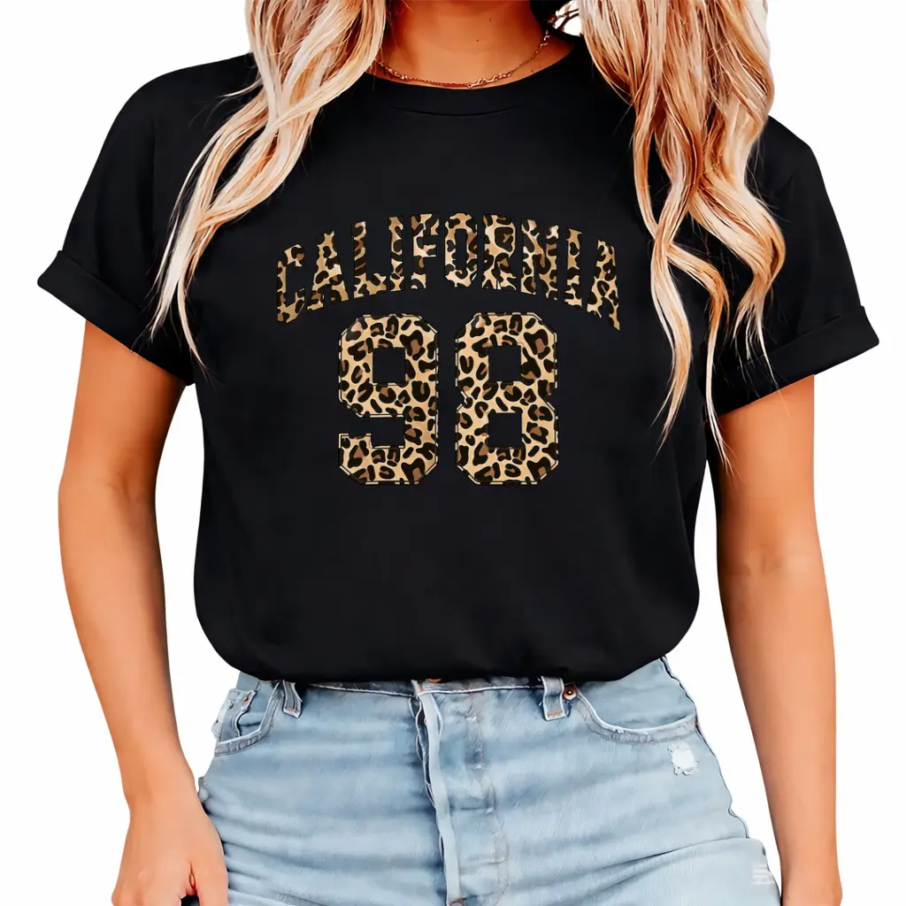 California 98 Leopard Print Graphic Tee Women Retro Cheetah Shirt