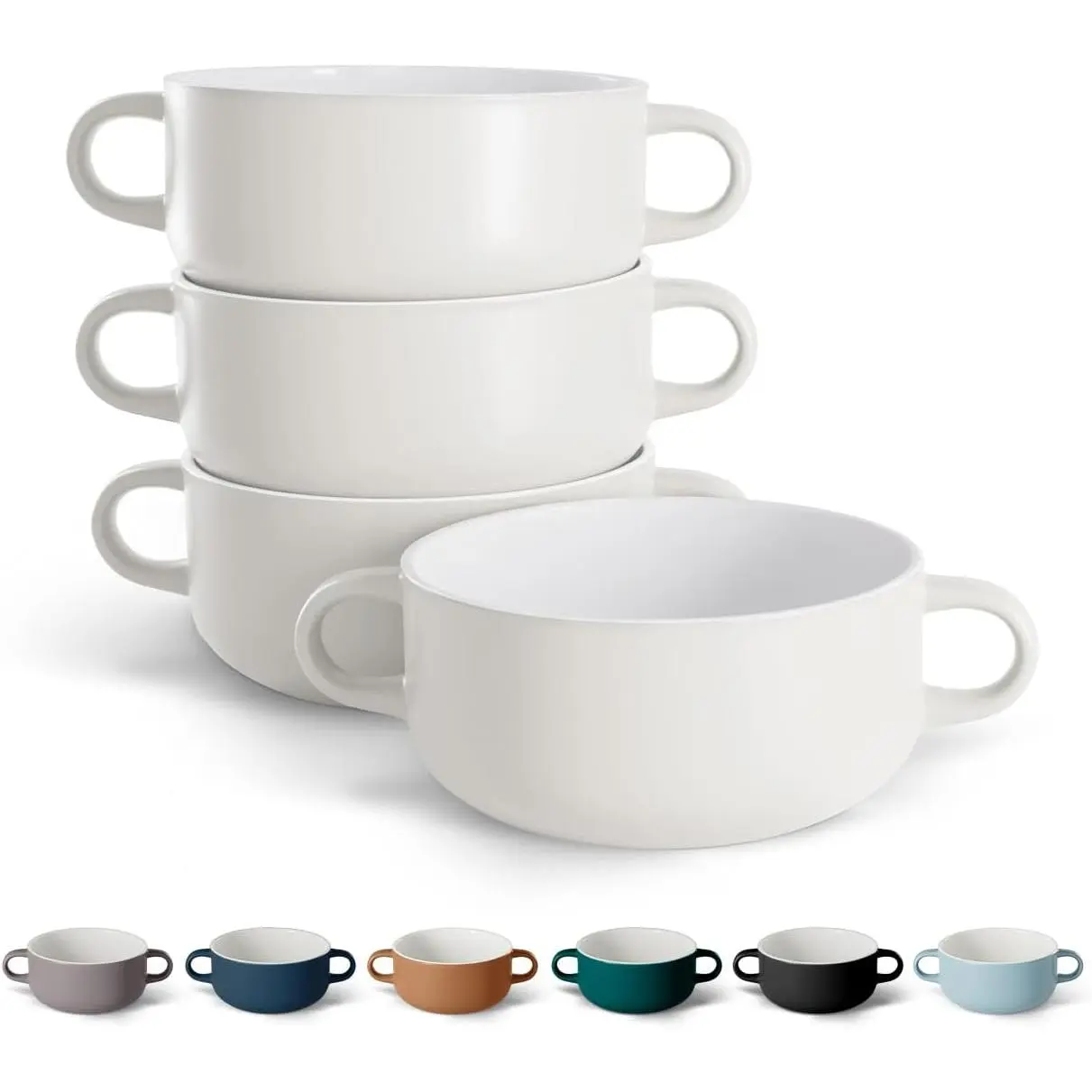 Kook Ceramic Soup Crocks with Handles - 18 oz Tableware Bowls, Broil, Oven, Microwave & Dishwasher Safe, Set of 4 (Coconut White), Chili, Casserole