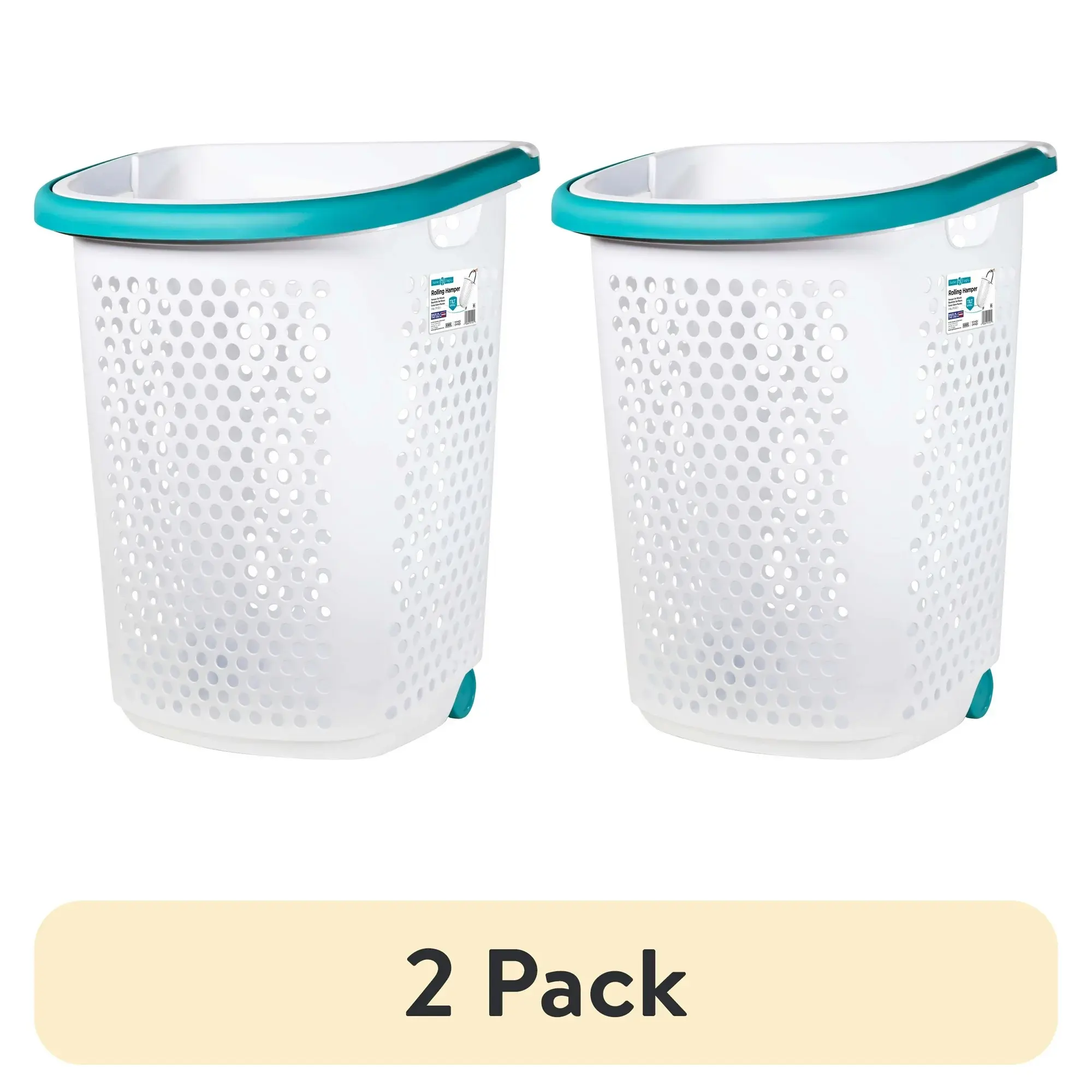(2 pack) Bushel Rolling Plastic Laundry Hamper with Pop-up Handle, White, Adult / Tween