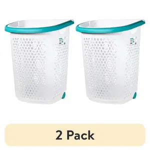 (2 pack) Bushel Rolling Plastic Laundry Hamper with Pop-up Handle, White, Adult / Tween
