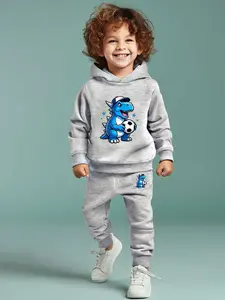 Boys' Dinosaur Football Hoodie Set, Outfit, Casual Cartoon Print Long Sleeve Top & Pants, All Seasons Fitted, Kids Fashion Clothing